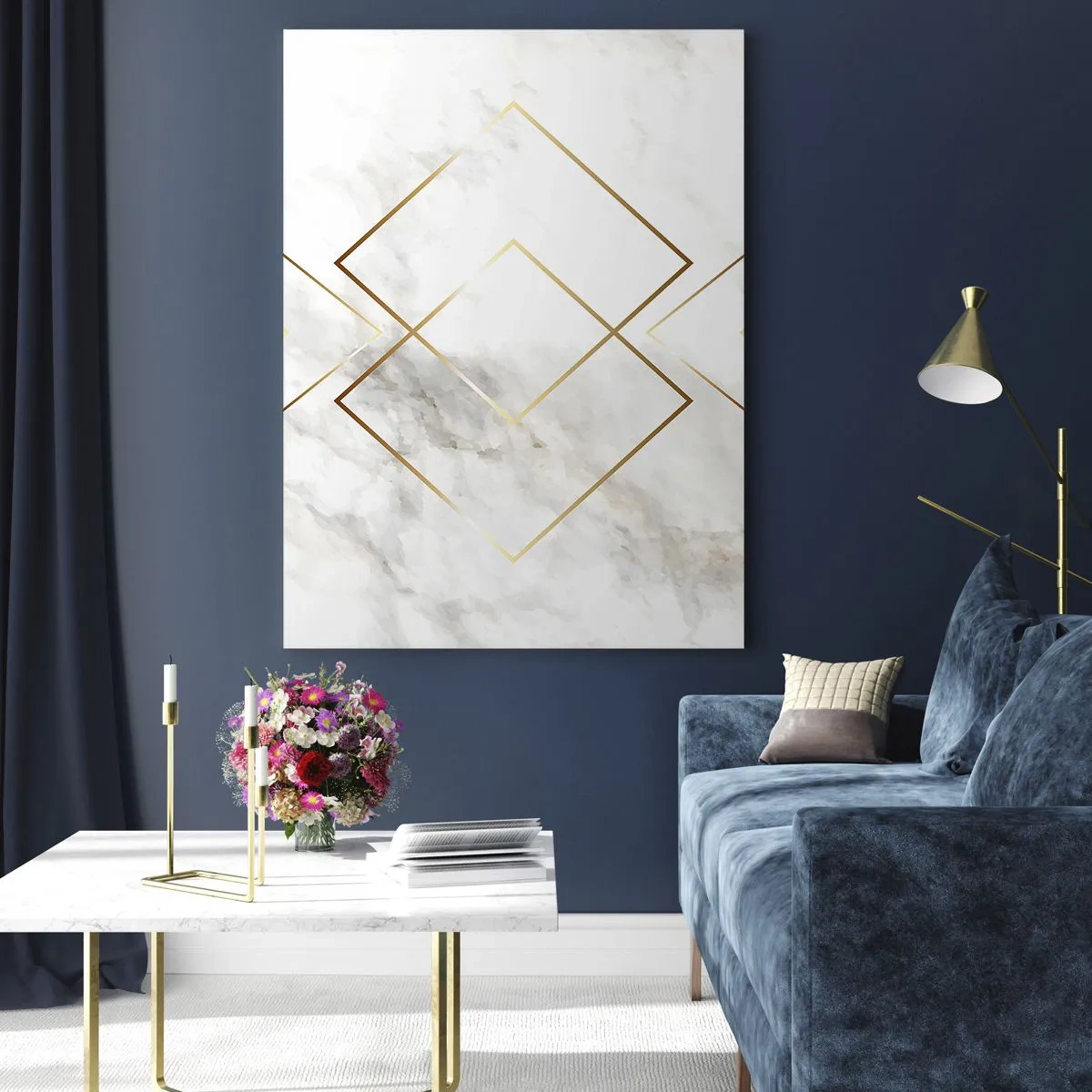 Glasbild - Bild auf glas - Minimalistische goldene Rauten auf Marmorhintergrund - 70x100cm - Ein Blick in die Unendlichkeit - Moderne Wanddekoration für Wohnzimmer und Schlafzimmer ARTTOR