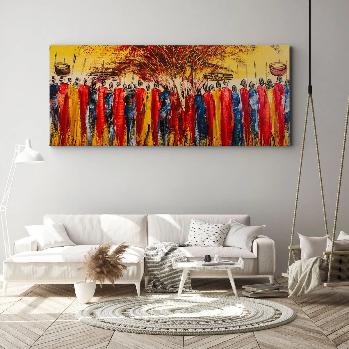 Bild auf Leinwand - Leinwandbild - Eine farbenfrohe Szene mit afrikanischen Figuren vor dem Hintergrund der untergehenden Sonne. - 120x50cm - Dort, dort, dort gehen sie - Moderne Wanddekoration für Wohnzimmer und Schlafzimmer ARTTOR