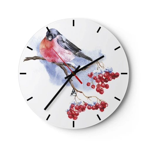 Wanduhr - Glasuhr - Handbemalter Gimpel auf einem Ast mit roten Beeren - 30x30cm - Winter in Farbe - Moderne Wanddekoration für Wohnzimmer, Küche und Schlafzimmer ARTTOR
