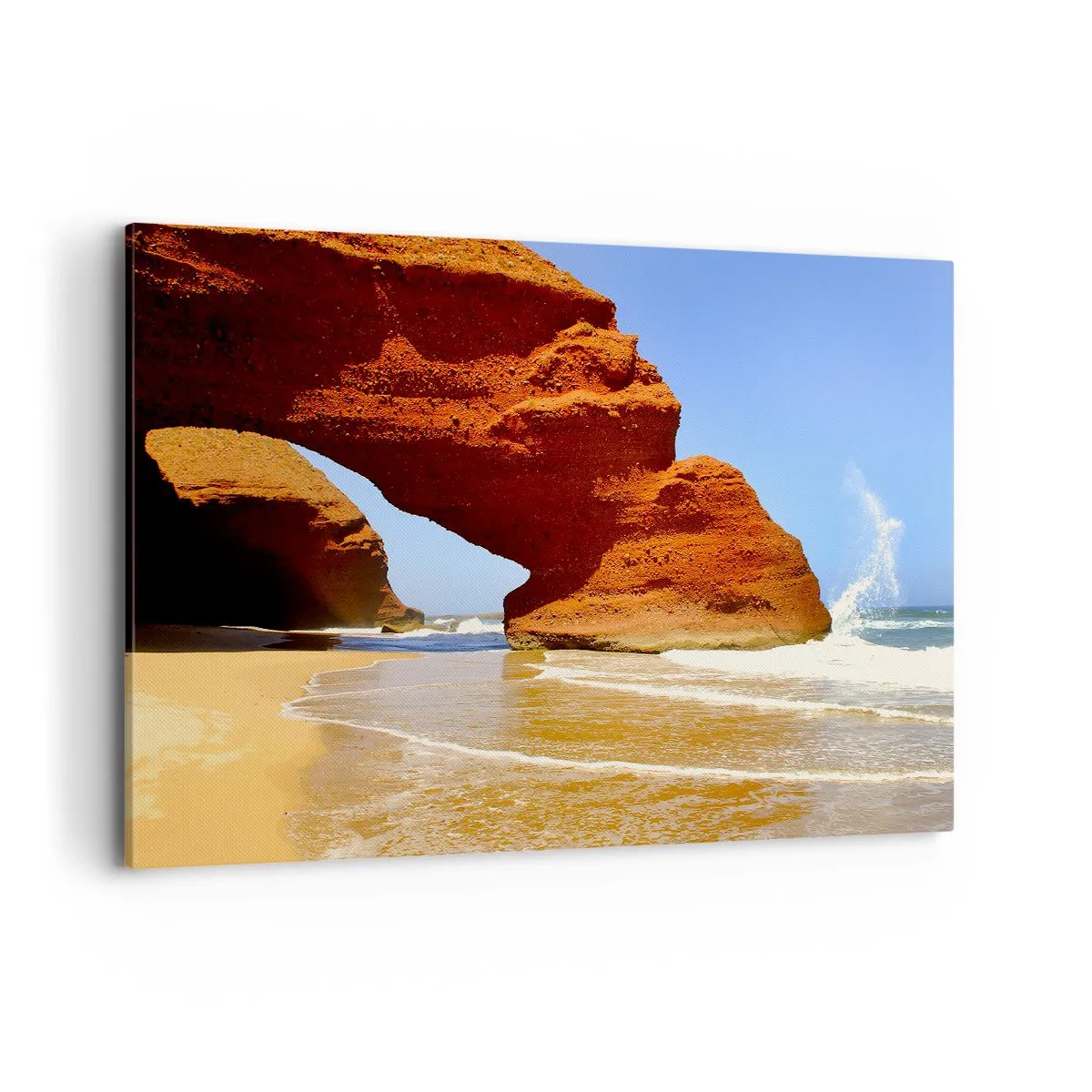 Bild auf Leinwand - Leinwandbild - Ein natürlicher Felsbogen an einem Strand mit blauem Himmel und Wellen - 120x80cm - Wasser und Wind seit Tausenden von Jahren - Moderne Wanddekoration für Wohnzimmer und Schlafzimmer ARTTOR