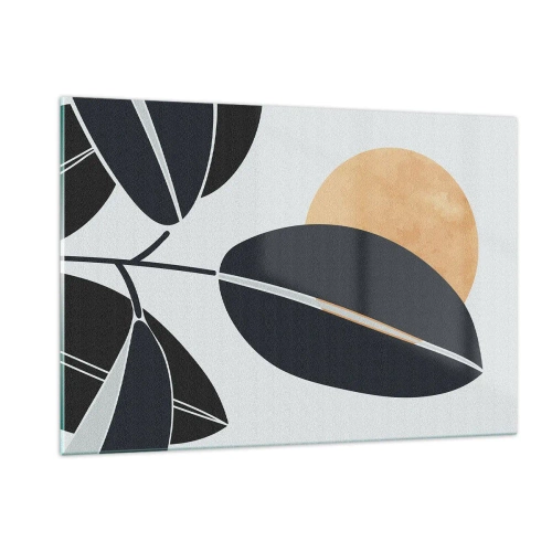 Glasbild - Bild auf glas - Stilisierte Blätter in Schwarz mit einer orangefarbenen Sonne im Hintergrund - 120x80cm - Heißer Sommertag - Moderne Wanddekoration für Wohnzimmer und Schlafzimmer ARTTOR