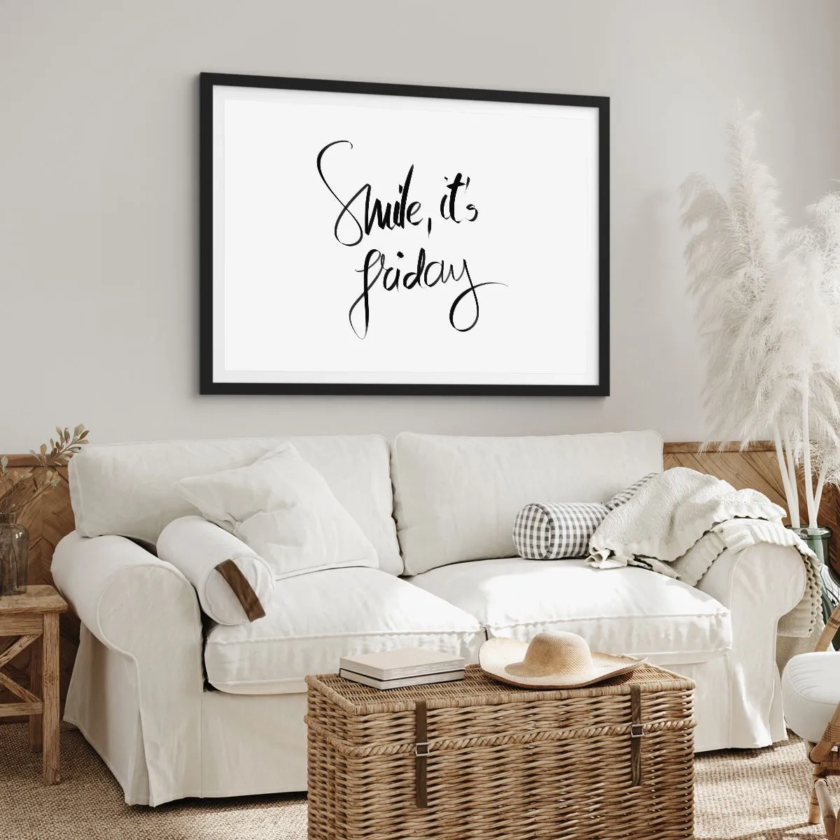 Poster in einem schwarzem Rahmen - Schwarz-weißer Schriftzug Smile, it's Friday - 70x50cm - Echte Freude - Moderne Wanddekoration für Wohnzimmer und Schlafzimmer ARTTOR