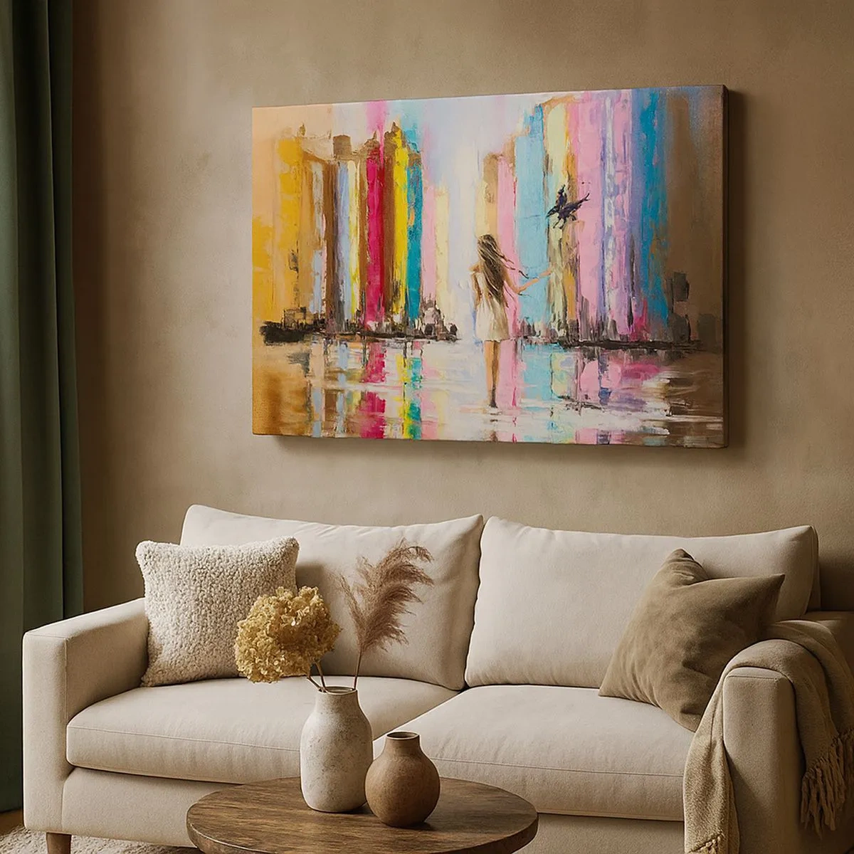 Bild auf Leinwand - Leinwandbild - Eine bunte Stadt und eine Frau in einem weißen Kleid mit einem Vogel - 70x50cm - Folge mir - Moderne Wanddekoration für Wohnzimmer und Schlafzimmer ARTTOR