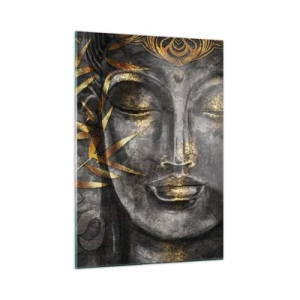 Glasbild - Bild auf glas - Goldenes Buddha-Bild vor einem Bambus-Hintergrund - 50x70cm - Fühle den Frieden - Moderne Wanddekoration für Wohnzimmer und Schlafzimmer ARTTOR