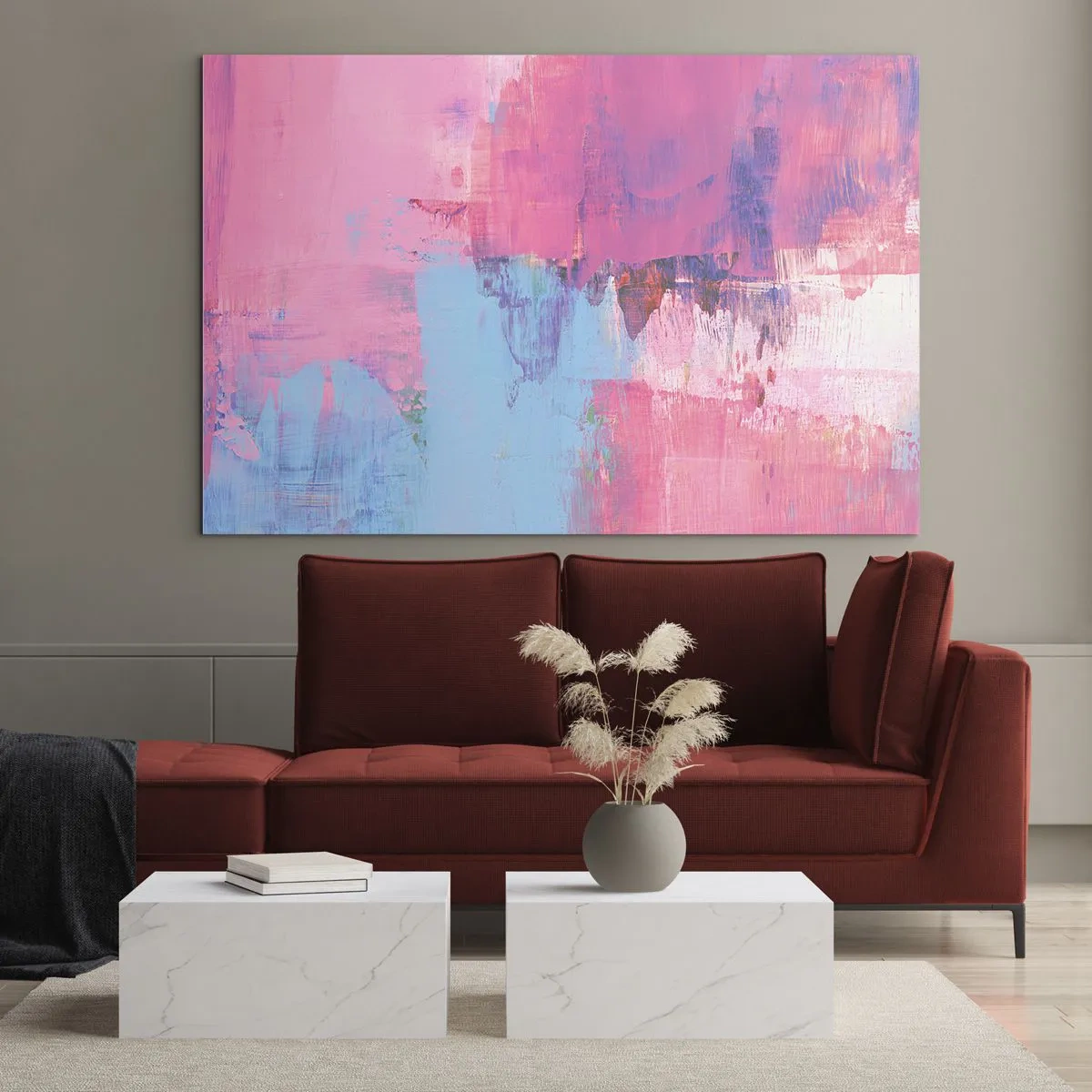 Glasbild - Bild auf glas - Energetische Abstraktion in Rosa- und Blautönen - 70x50cm - Rosa, Blau und eine Prise Licht - Moderne Wanddekoration für Wohnzimmer und Schlafzimmer ARTTOR