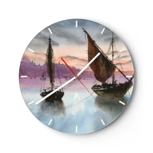 Wanduhr - Glasuhr - Segelschiffe auf dem Wasser bei Sonnenuntergang - 30x30cm - Abend am Hafen - Moderne Wanddekoration für Wohnzimmer, Küche und Schlafzimmer ARTTOR