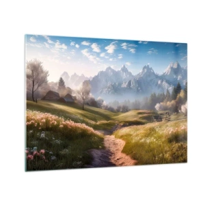 Glasbild - Bild auf glas - Frühlingslandschaft mit einem Tal, Blumen und Bergen im Hintergrund am Morgen - 70x50cm - Idyllisches Tal - Moderne Wanddekoration für Wohnzimmer und Schlafzimmer ARTTOR