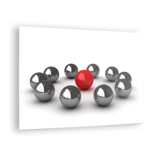 Glasbild - Bild auf glas - Eine rote Kugel, umgeben von Silber auf weißem Hintergrund - 70x50cm - Ein Kreis in Silber und Rot - Moderne Wanddekoration für Wohnzimmer und Schlafzimmer ARTTOR