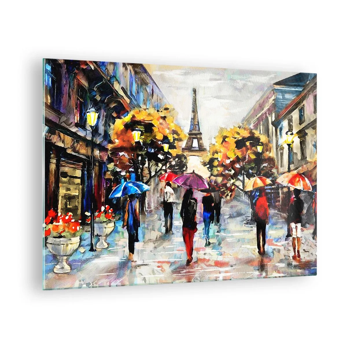 Glasbild - Bild auf glas - Der Eiffelturm im Hintergrund mit Menschen, die unter bunten Regenschirmen spazieren gehen - 70x50cm - Besonders schön im Herbst - Moderne Wanddekoration für Wohnzimmer und Schlafzimmer ARTTOR