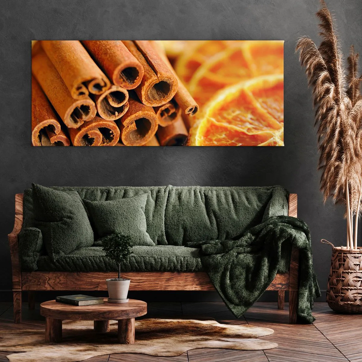 Bild auf Leinwand - Leinwandbild - Zimtstangen mit getrockneten Orangenscheiben in warmen Farben - 120x50cm - Kannst du ihr Aroma riechen? - Moderne Wanddekoration für Wohnzimmer und Schlafzimmer ARTTOR