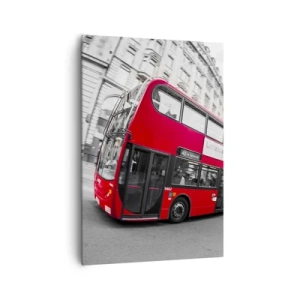 Bild auf Leinwand - Leinwandbild - Ein roter Londoner Bus vor einer schwarz-weißen Straße - 70x100cm - London traditionell - mit dem Bus - Moderne Wanddekoration für Wohnzimmer und Schlafzimmer ARTTOR