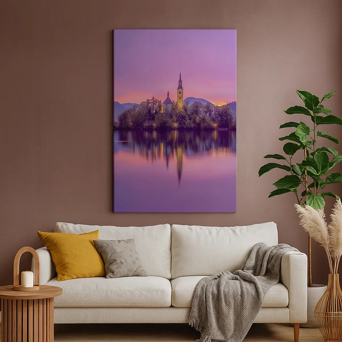 Bild auf Leinwand - Leinwandbild - See mit einer Insel und einer Kirche bei Sonnenuntergang - 50x70cm - Eine märchenhafte Insel in der Abenddämmerung - Moderne Wanddekoration für Wohnzimmer und Schlafzimmer ARTTOR