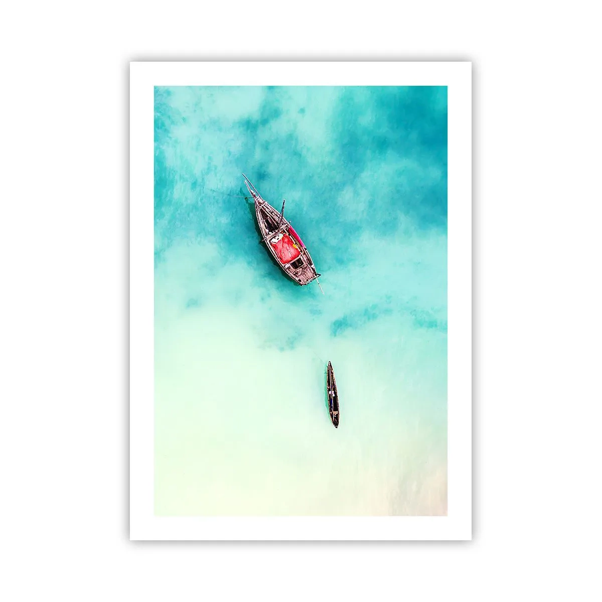 Poster - Boote auf türkisfarbenem Wasser aus der Vogelperspektive - 50x70cm - Denn an den Stränden von Sansibar, wenn der Wasserüberschuss ... - Moderne Wanddekoration für Wohnzimmer und Schlafzimmer ARTTOR
