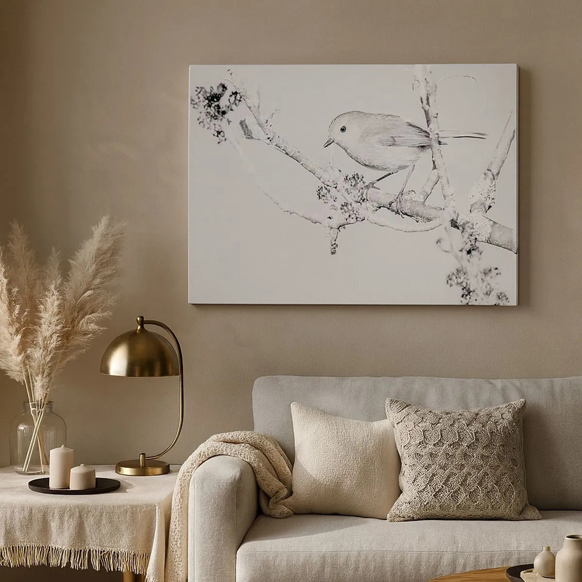 Bild auf Leinwand - Leinwandbild - Vogel auf einem Ast in Schwarz-Weiß im minimalistischen Stil - 70x50cm - Wintermorgen - Moderne Wanddekoration für Wohnzimmer und Schlafzimmer ARTTOR