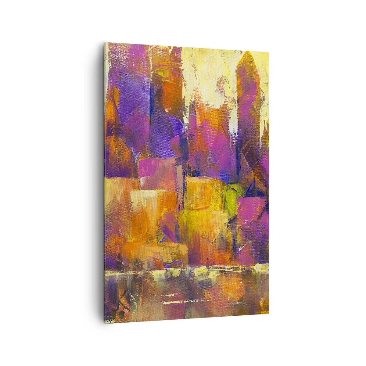 Bild auf Leinwand - Leinwandbild - Abstrakte Komposition einer Metropole in Gelb- und Lilatönen - 80x120cm - Metropolitische Komposition - Moderne Wanddekoration für Wohnzimmer und Schlafzimmer ARTTOR