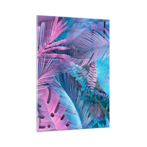 Glasbild - Bild auf glas - Tropische Blätter in Rosa- und Blautönen auf neonfarbenem Hintergrund - 50x70cm - Tropen in Rosa und Blau - Moderne Wanddekoration für Wohnzimmer und Schlafzimmer ARTTOR