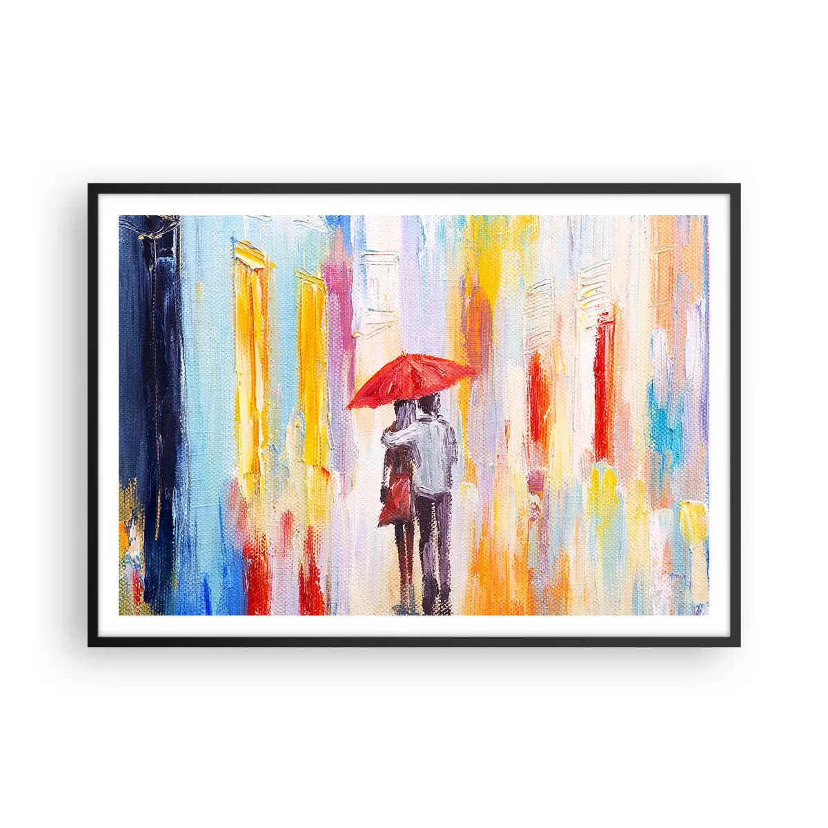 Poster in einem schwarzem Rahmen - Ein Paar unter einem roten Regenschirm mit bunten Gebäuden im Hintergrund. - 100x70cm - Lass es weiter regnen - Moderne Wanddekoration für Wohnzimmer und Schlafzimmer ARTTOR