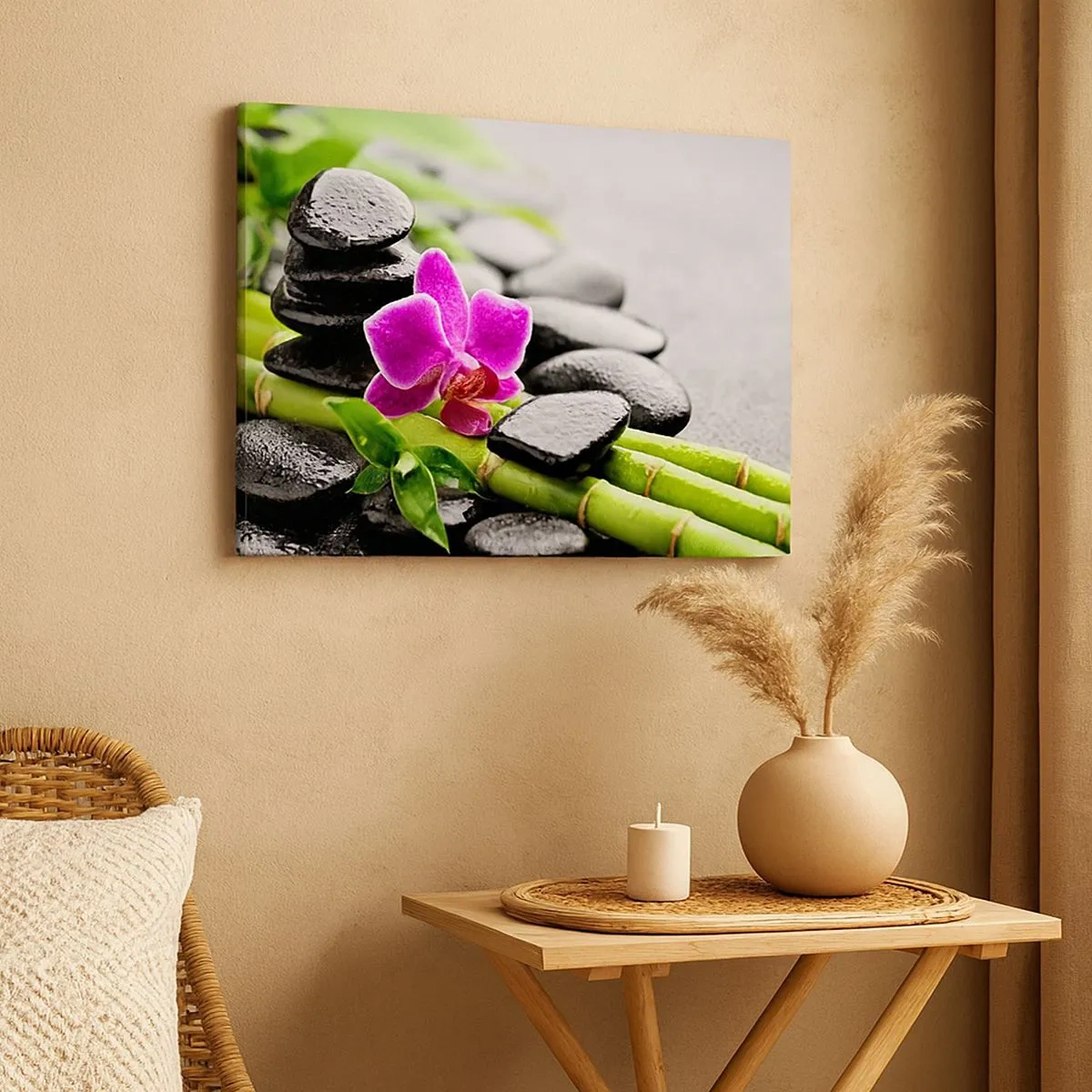 Bild auf Leinwand - Leinwandbild - Lila Orchidee, schwarze Steine und Bambus in einer ruhigen Komposition - 70x50cm - In ruhiger Balance - Moderne Wanddekoration für Wohnzimmer und Schlafzimmer ARTTOR