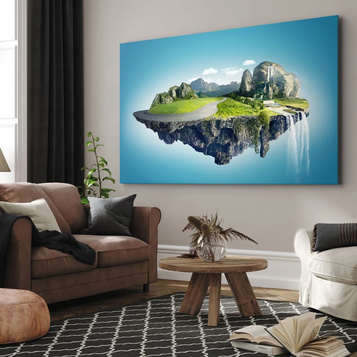 Bild auf Leinwand - Leinwandbild - Eine schwimmende Insel mit Bergen und Wasserfällen - 70x50cm - Fantastische Insel - Moderne Wanddekoration für Wohnzimmer und Schlafzimmer ARTTOR