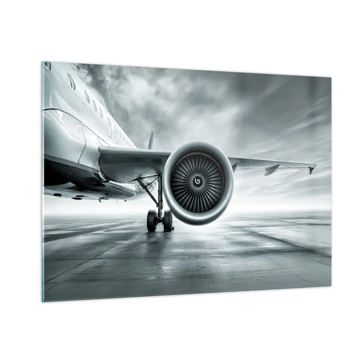 Glasbild - Bild auf glas - Die Turbine eines Passagierflugzeugs auf der Landebahn im Morgengrauen - 100x70cm - Die Macht ist da! - Moderne Wanddekoration für Wohnzimmer und Schlafzimmer ARTTOR