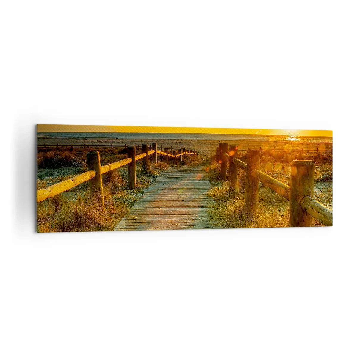 Bild auf Leinwand - Leinwandbild - Ein Holzweg, der im Schein der untergehenden Sonne zum Strand führt - 160x50cm - In altem Gold gebadet - Moderne Wanddekoration für Wohnzimmer und Schlafzimmer ARTTOR