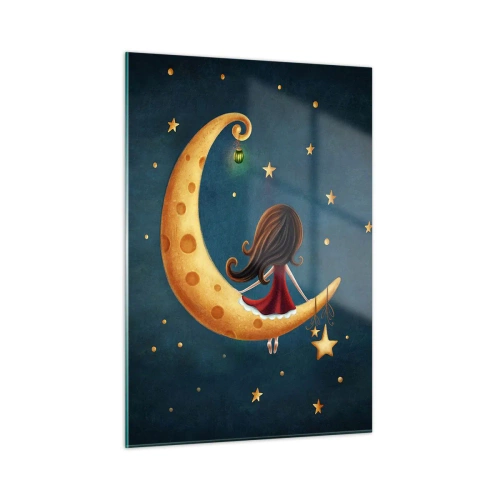 Glasbild - Bild auf glas - Ein Mädchen auf dem Mond zwischen den Sternen auf marineblauem Hintergrund - 50x70cm - Einmal… - Moderne Wanddekoration für Wohnzimmer und Schlafzimmer ARTTOR