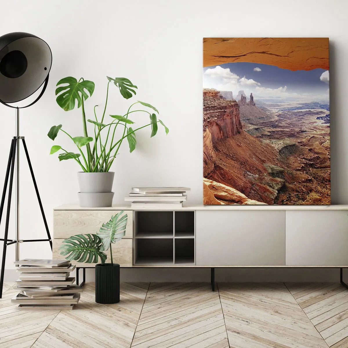 Bild auf Leinwand - Leinwandbild - Canyon durch ein Felsfenster mit warmen Felstönen gesehen - 50x70cm - Von der Natur selbst geschnitzt - Moderne Wanddekoration für Wohnzimmer und Schlafzimmer ARTTOR