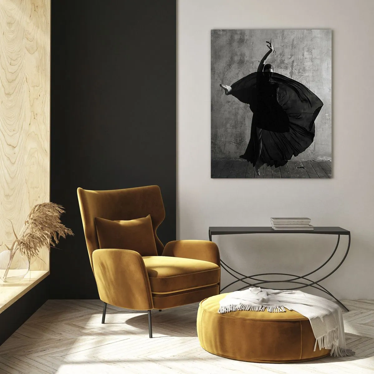 Glasbild - Bild auf glas - Schwarz-weiße Silhouette einer Tänzerin in Bewegung vor einem Wandhintergrund - 70x100cm - Leidenschaftlicher Gürtel - Moderne Wanddekoration für Wohnzimmer und Schlafzimmer ARTTOR