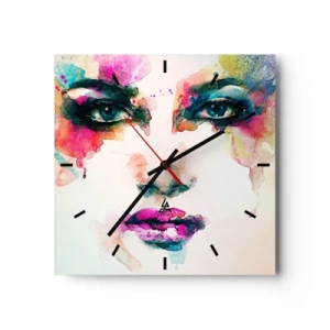 Wanduhr - Glasuhr - Abstraktes Frauenporträt in intensiven Farben - 30x30cm - Ein mit einem Regenbogen gemaltes Porträt - Moderne Wanddekoration für Wohnzimmer und Schlafzimmer ARTTOR