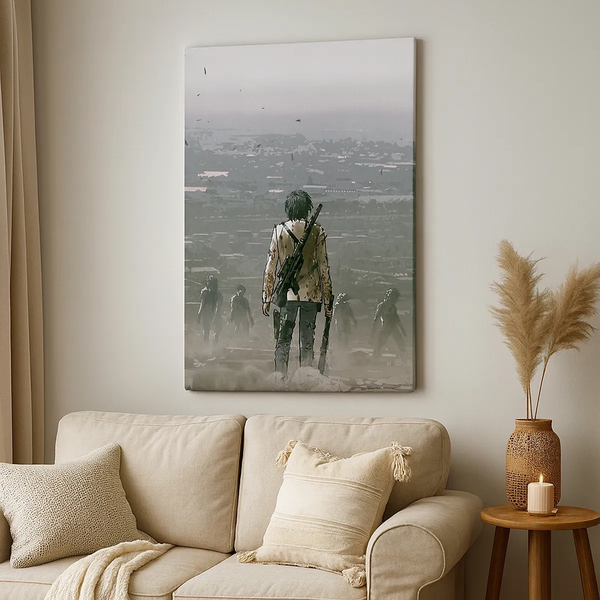Bild auf Leinwand - Leinwandbild - Eine Gestalt mit einer Waffe steht vor einer Gruppe in einer dystopischen Landschaft. - 50x70cm - Letzter Gerechter? - Moderne Wanddekoration für Wohnzimmer und Schlafzimmer ARTTOR