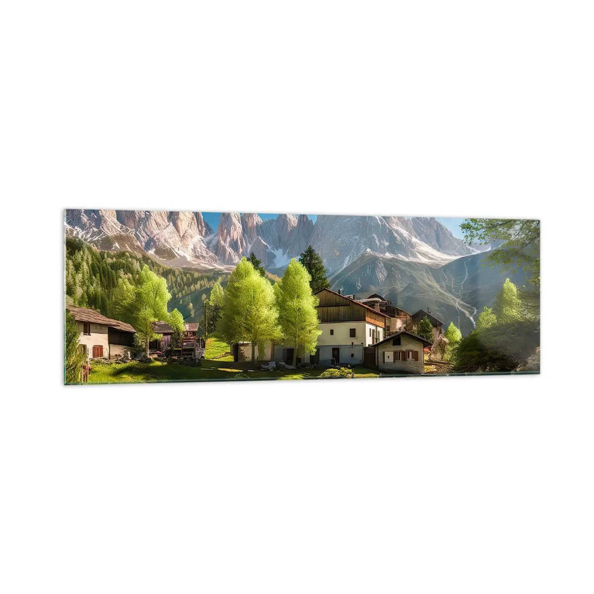 Glasbild - Bild auf glas - Ein Bergdorf mit Häusern und Blick auf die Alpen - 160x50cm - Alpenidylle - Moderne Wanddekoration für Wohnzimmer und Schlafzimmer ARTTOR