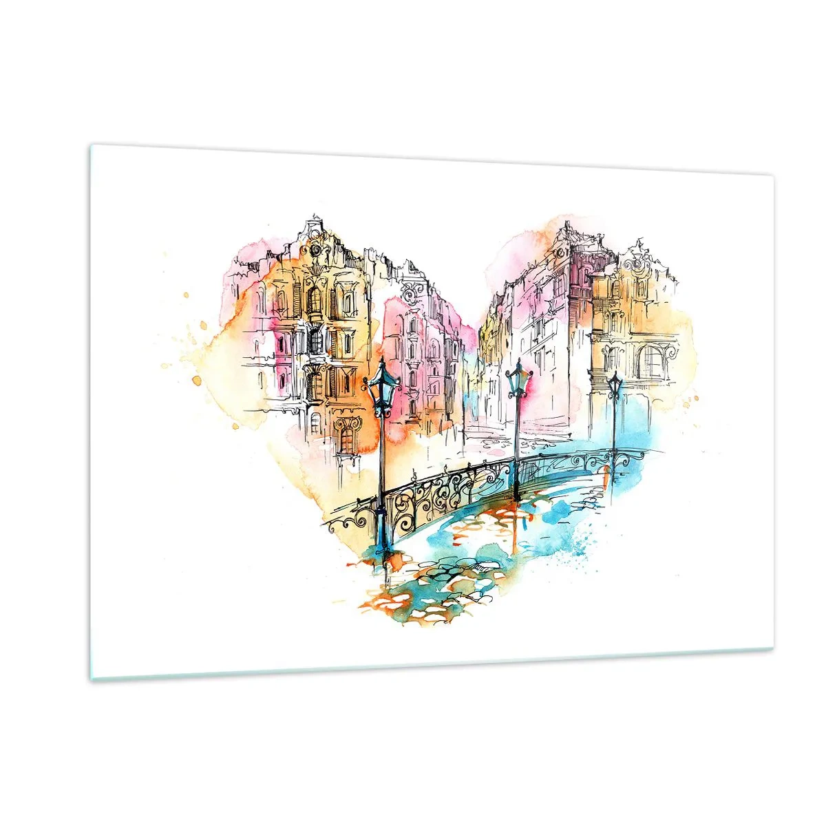 Glasbild - Bild auf glas - Romantische Mietshäuser mit herzförmiger Brücke, Aquarell - 120x80cm - Das Herz der Stadt - Moderne Wanddekoration für Wohnzimmer und Schlafzimmer ARTTOR