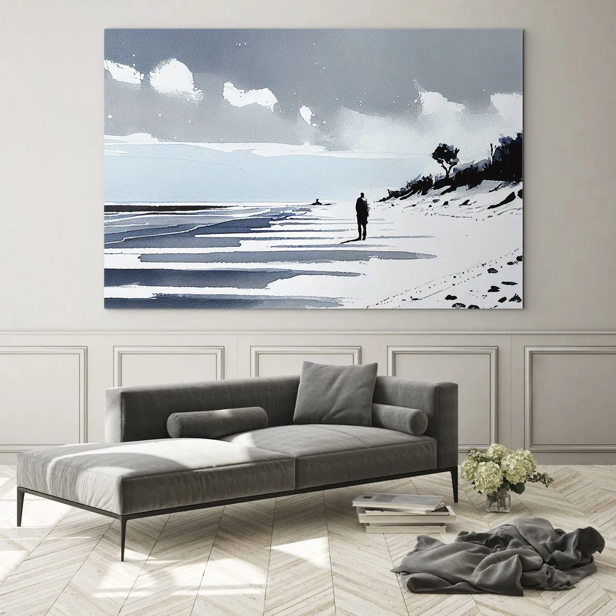 Glasbild - Bild auf glas - Silhouette einer einsamen Person, die an einem leeren Strand spazieren geht - 120x80cm - Allein sein - Moderne Wanddekoration für Wohnzimmer und Schlafzimmer ARTTOR