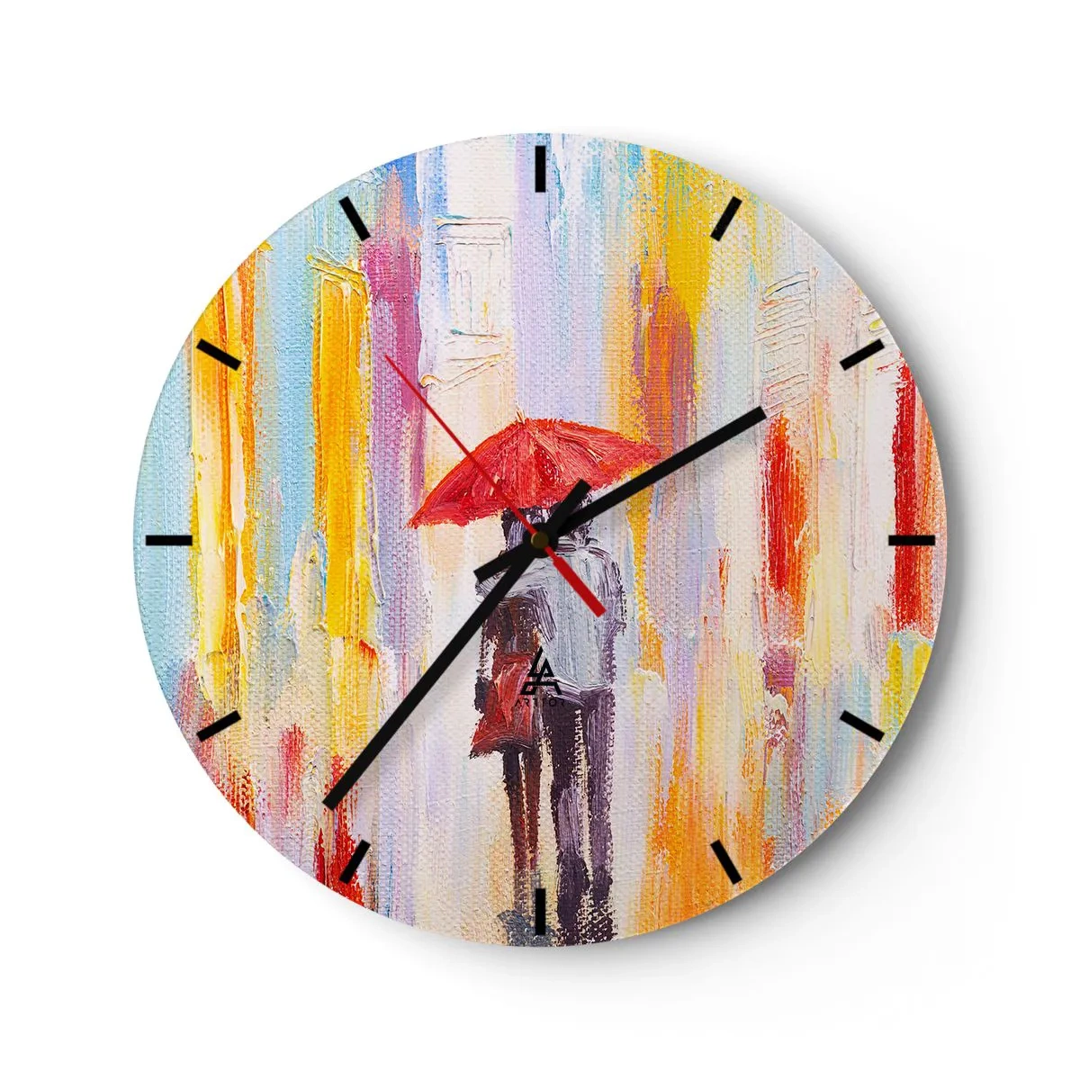 Wanduhr - Glasuhr - Eine Figur mit einem roten Regenschirm vor dem Hintergrund einer bunten Stadt - 30x30cm - Lass es weiter regnen - Moderne Wanddekoration für Wohnzimmer, Küche und Schlafzimmer ARTTOR