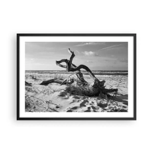 Poster in einem schwarzem Rahmen - Schwarz-weiße Landschaft mit einem toten Baum am Strand - 70x50cm - Meeresskulptur - Moderne Wanddekoration für Wohnzimmer und Schlafzimmer ARTTOR