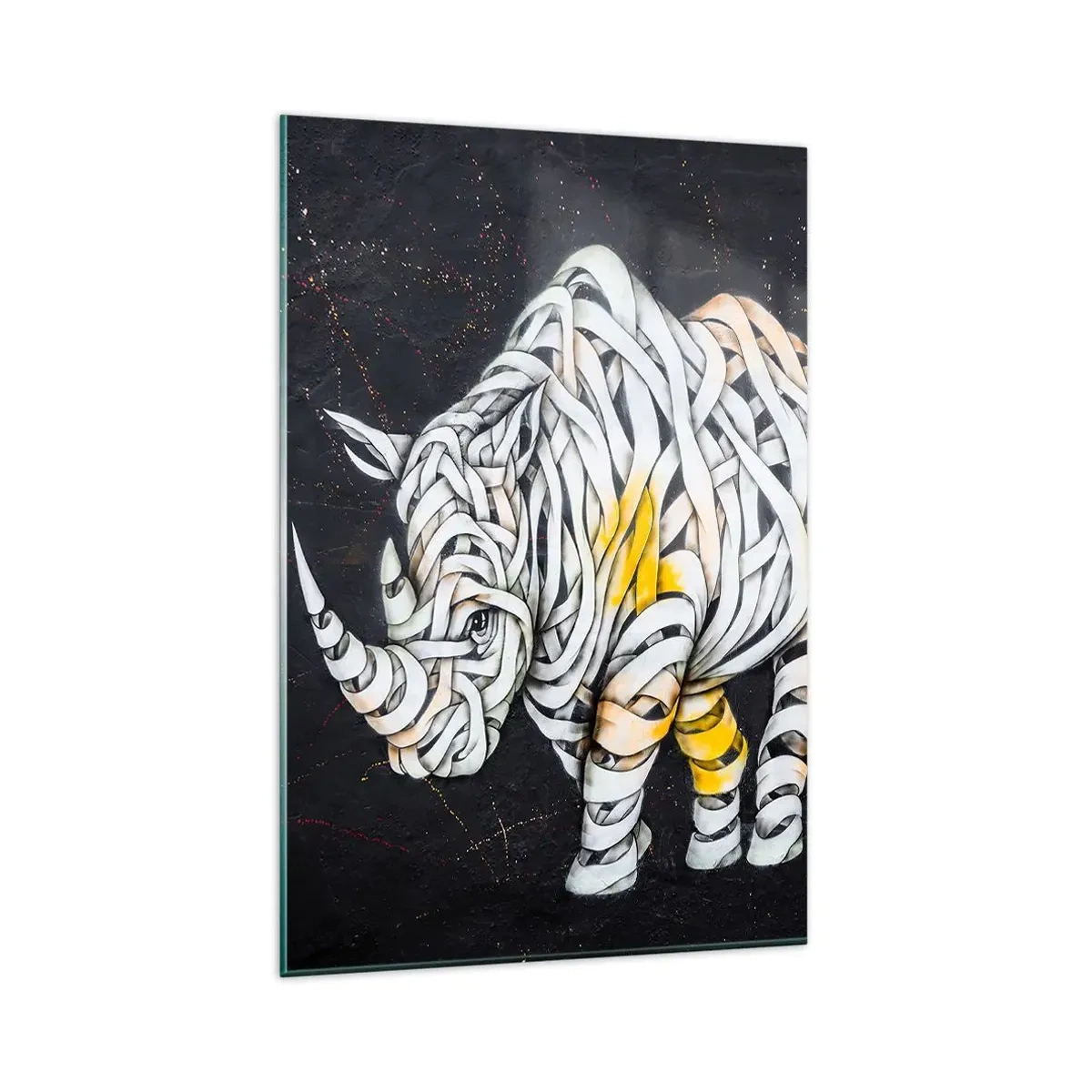 Glasbild - Bild auf glas - Ein geschnitztes Nashorn mit abstrakten Streifen auf dunklem Hintergrund. - 80x120cm - Dicke Haut ist ein Mythos - Moderne Wanddekoration für Wohnzimmer und Schlafzimmer ARTTOR