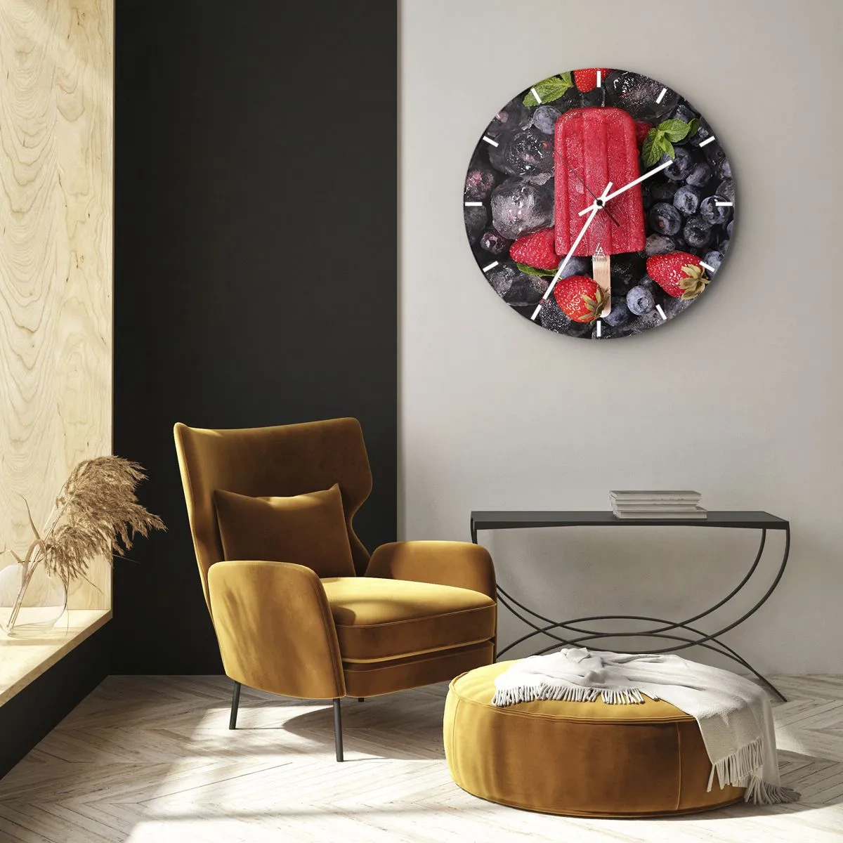 Wanduhr - Glasuhr - Fruchtiges Eis am Stiel mit gefrorenen Heidelbeeren und Erdbeeren - 30x30cm - So schmeckt der heiße Sommer - Moderne Wanddekoration für Wohnzimmer, Küche und Schlafzimmer ARTTOR