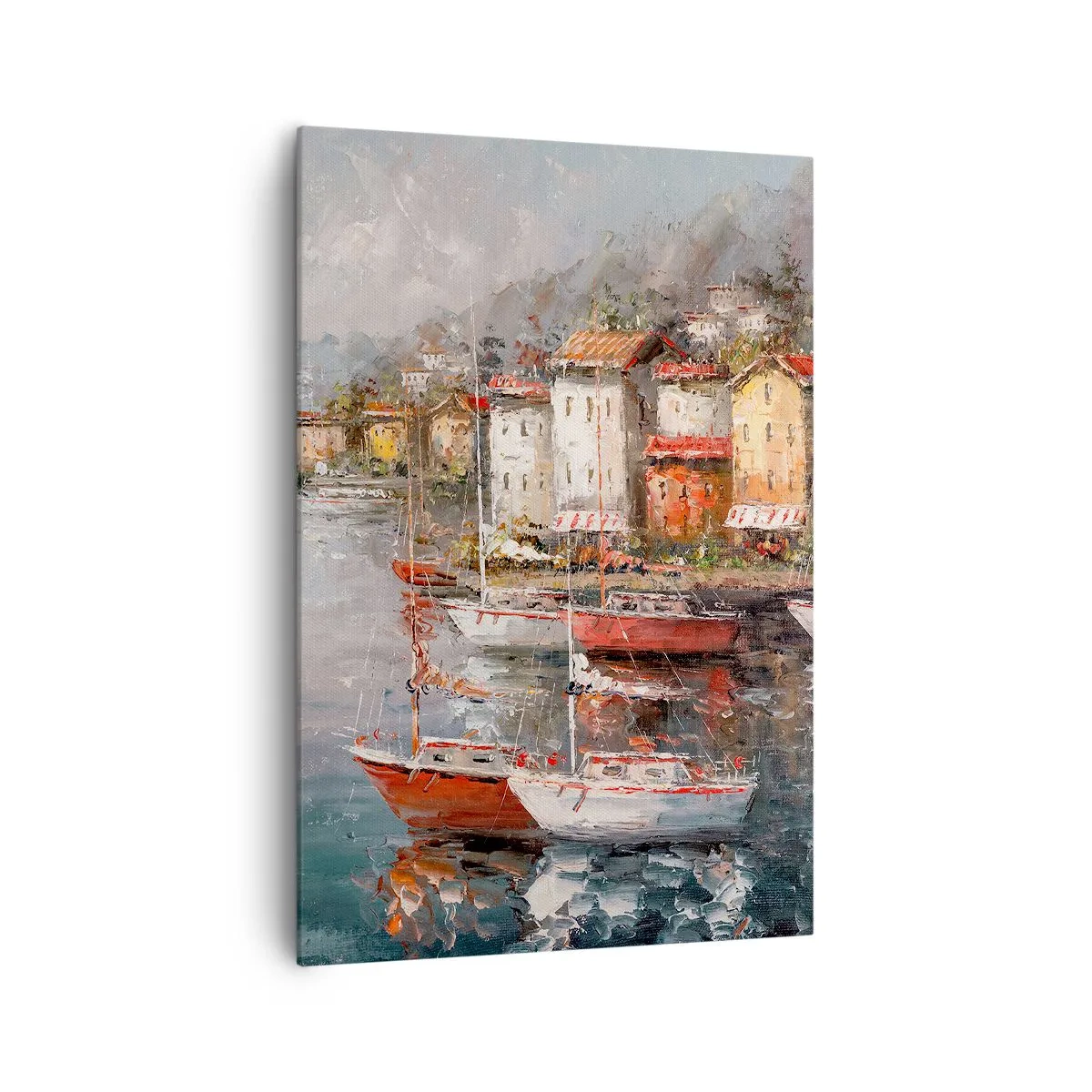 Bild auf Leinwand - Leinwandbild - Küstenlandschaft mit Booten und bunten Häusern - 70x100cm - Romantische Oase - Moderne Wanddekoration für Wohnzimmer und Schlafzimmer ARTTOR