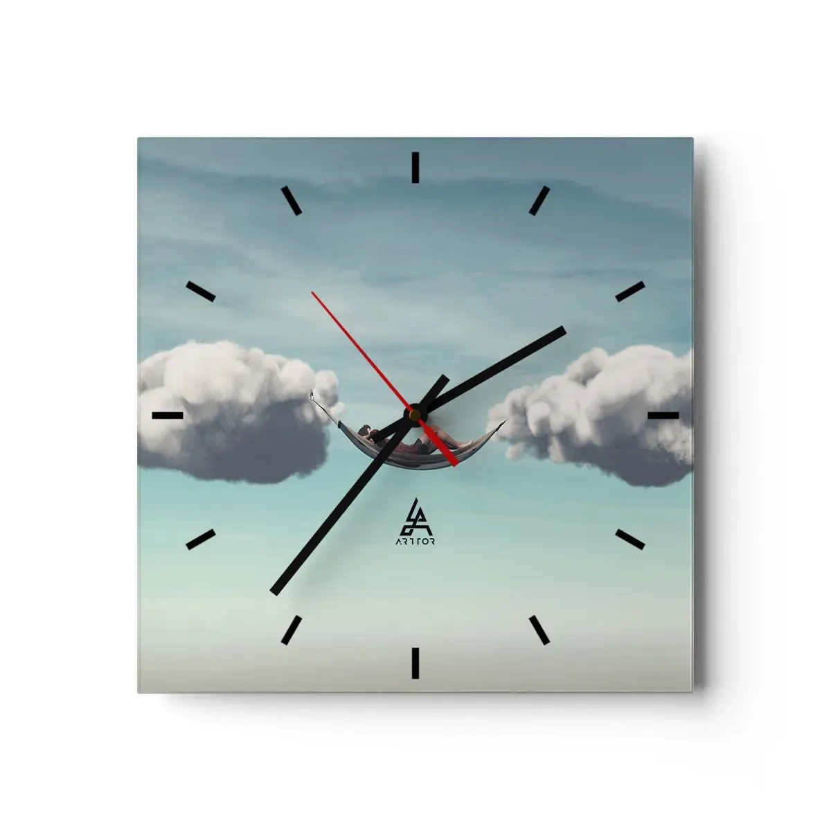Wanduhr - Glasuhr - Eine Person entspannt in einer Hängematte in den Wolken - 30x30cm - Die Behaglichkeit des Augenblicks - Moderne Wanddekoration für Wohnzimmer und Schlafzimmer ARTTOR