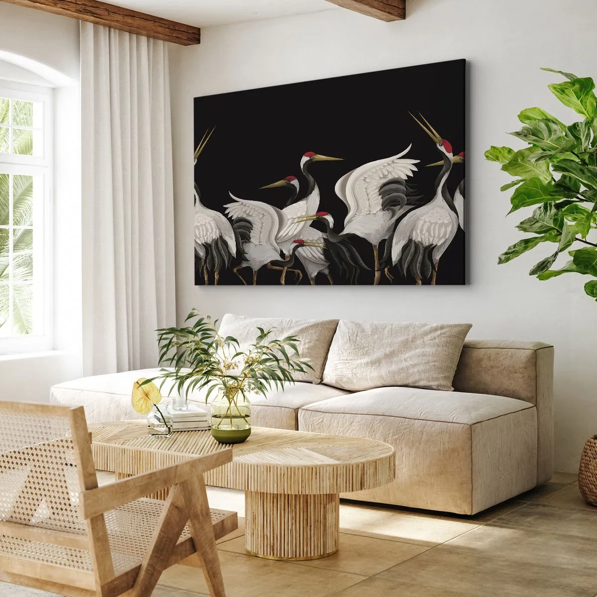 Bild auf Leinwand - Leinwandbild - Weiße Kraniche mit roten Akzenten auf schwarzem Hintergrund - 100x70cm - Vogelsachen - Moderne Wanddekoration für Wohnzimmer und Schlafzimmer ARTTOR