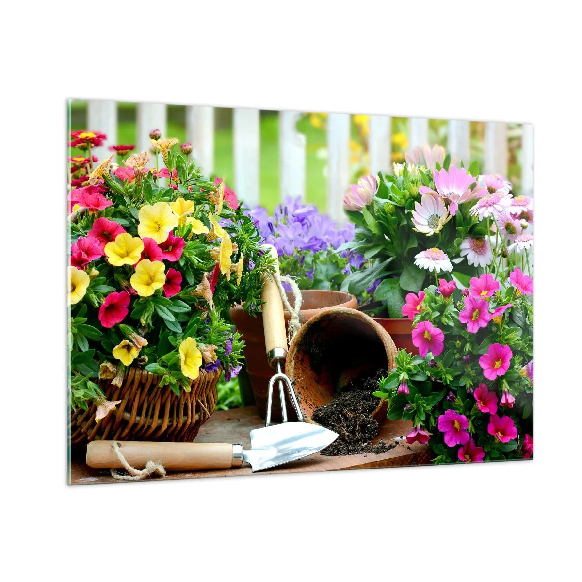 Glasbild - Bild auf glas - Bunte Blumen in Töpfen mit Gartengeräten - 100x70cm - Zosias Garten - Moderne Wanddekoration für Wohnzimmer und Schlafzimmer ARTTOR