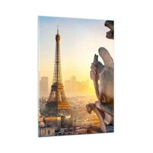 Glasbild - Bild auf glas - Der Eiffelturm im Morgennebel mit Blick auf Paris und gotische Skulpturen - 50x70cm - Vieles hat sich geändert ... - Moderne Wanddekoration für Wohnzimmer und Schlafzimmer ARTTOR