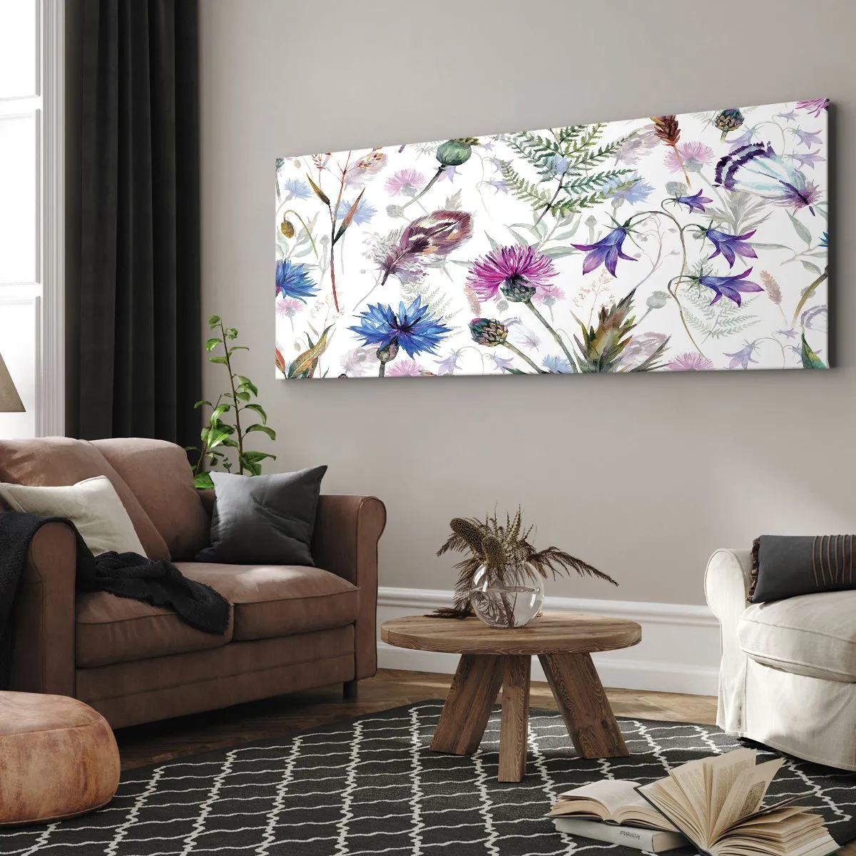 Bild auf Leinwand - Leinwandbild - Aquarellblumen und Kräuter auf weißem Hintergrund im Herbarium-Stil - 160x50cm - Polnisches Herbarium - Moderne Wanddekoration für Wohnzimmer und Schlafzimmer ARTTOR