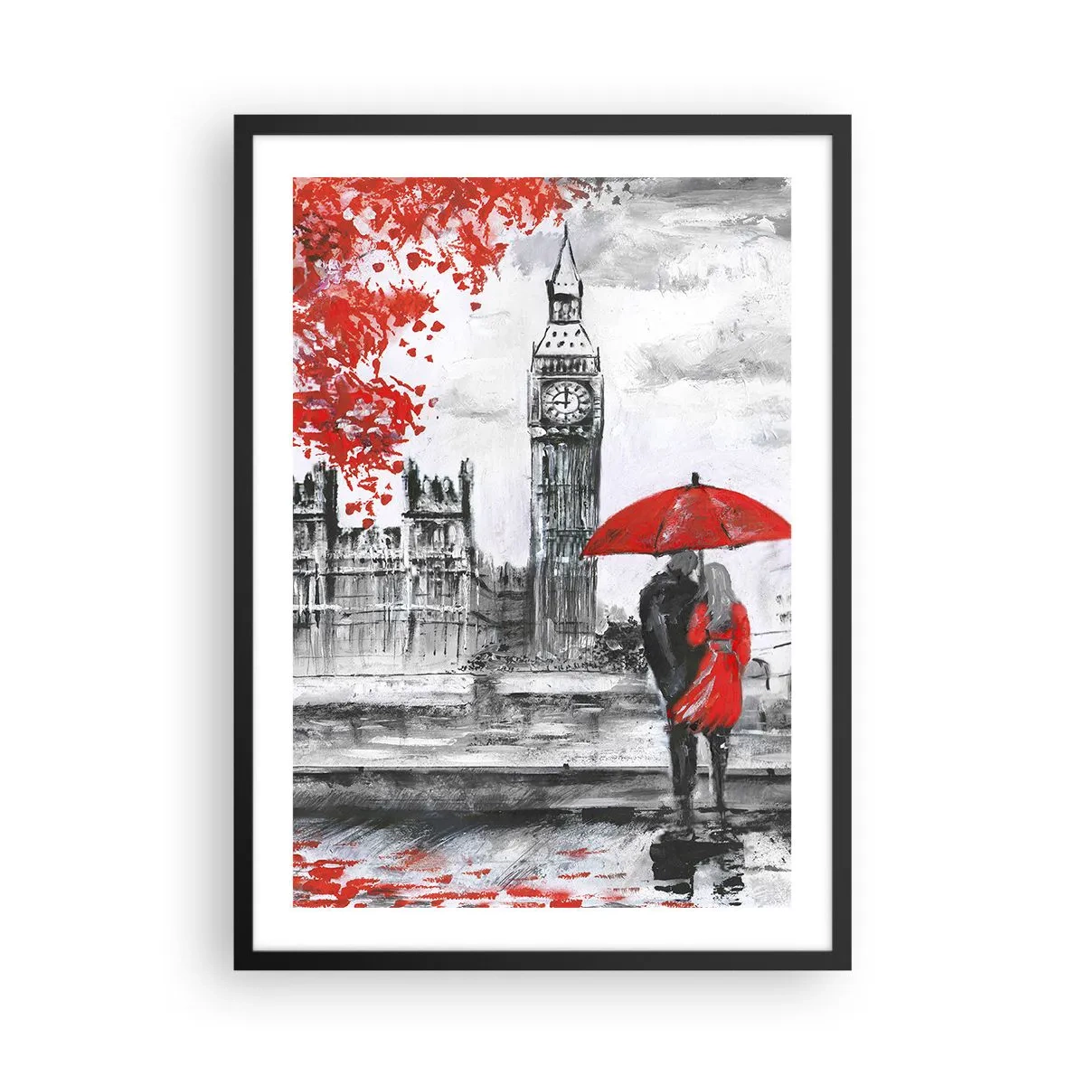 Poster in einem schwarzem Rahmen - Eine Figur mit einem roten Regenschirm vor Big Ben in London - 50x70cm - Verliebt in London - Moderne Wanddekoration für Wohnzimmer und Schlafzimmer ARTTOR