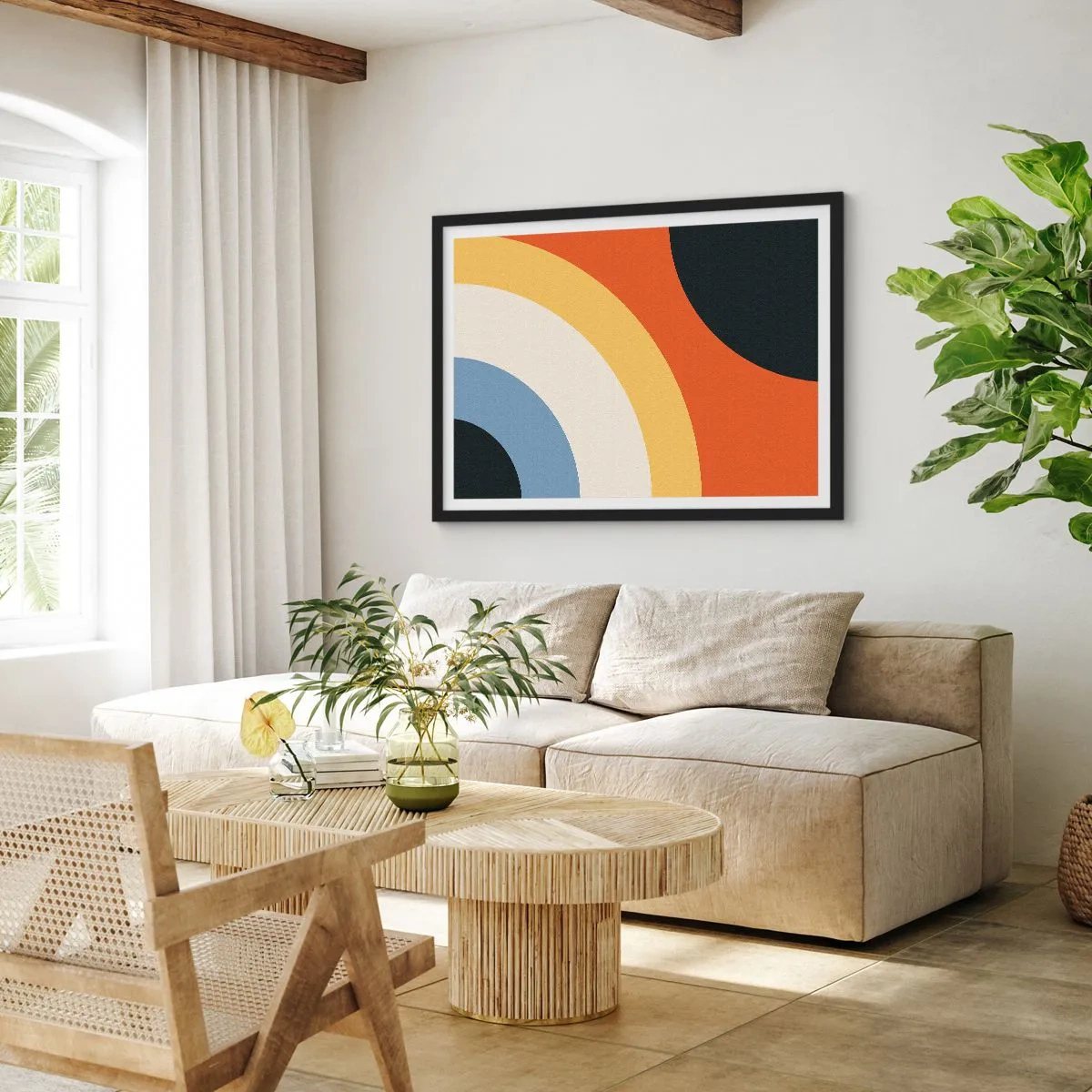 Poster in einem schwarzem Rahmen - Abstraktes Kunstwerk mit bunten Bögen und kontrastierenden Kreisen - 70x50cm - Zu mir selbst - Moderne Wanddekoration für Wohnzimmer und Schlafzimmer ARTTOR