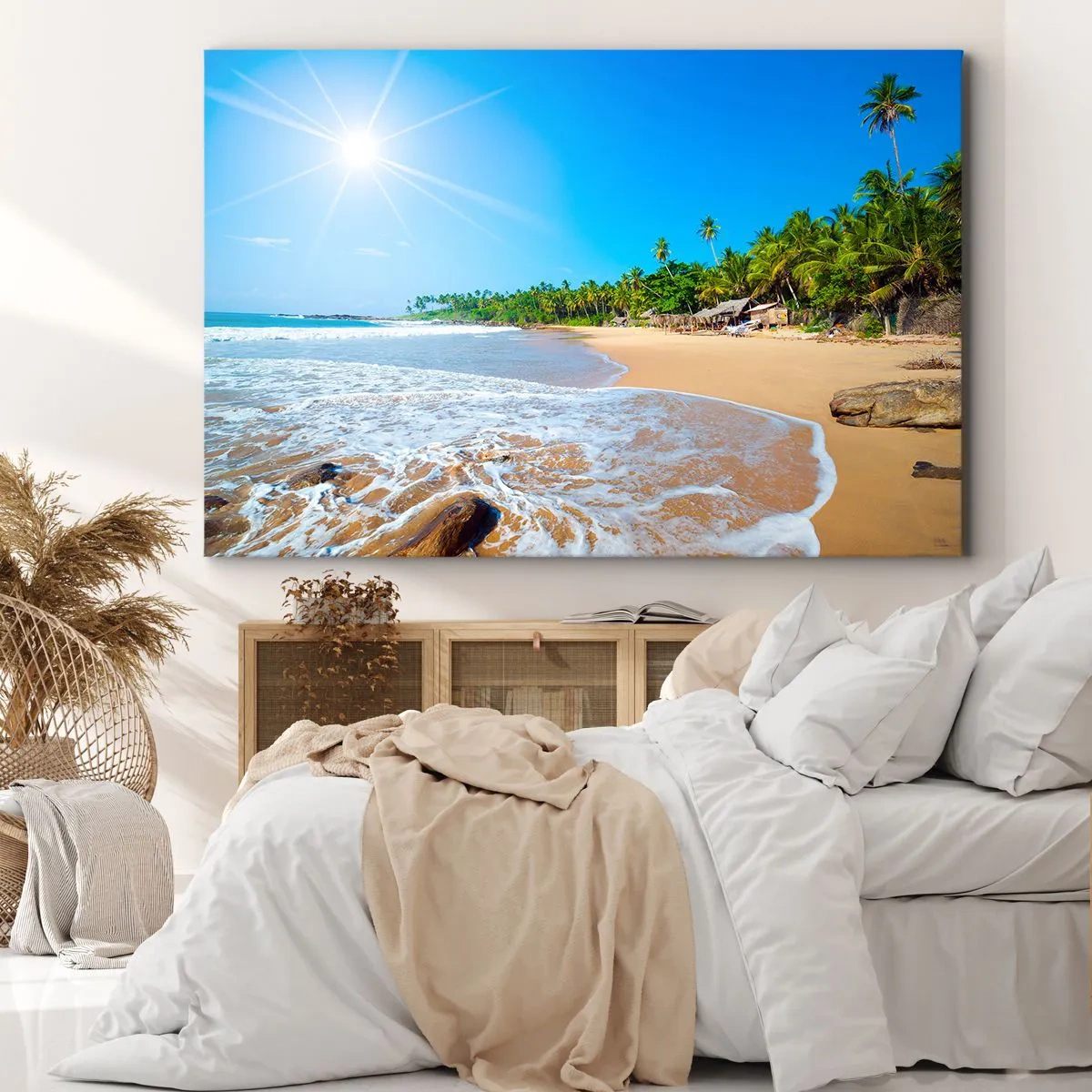 Bild auf Leinwand - Leinwandbild - Tropischer Strand mit Palmen und blauem Himmel - 100x70cm - Ein exotischer Ort für dich - Moderne Wanddekoration für Wohnzimmer und Schlafzimmer ARTTOR