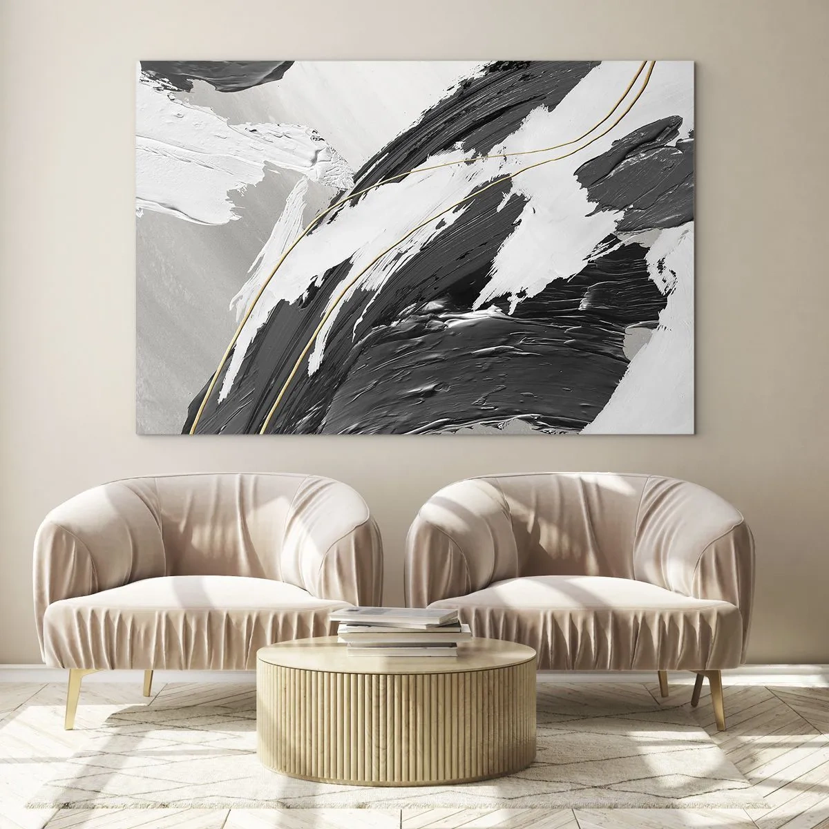 Glasbild - Bild auf glas - Dynamische Striche in Schwarz und Weiß mit goldenem Akzent - 70x50cm - Abstraktion in großem Stil - Moderne Wanddekoration für Wohnzimmer und Schlafzimmer ARTTOR