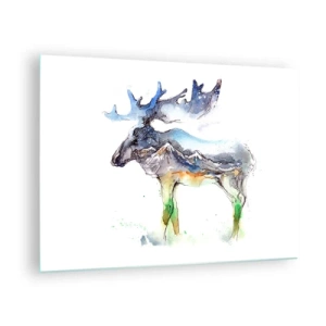 Glasbild - Bild auf glas - Aquarellmalerei eines Elches mit Bergsilhouette-Motiv - 70x50cm - Der Held eines Wintermärchens - Moderne Wanddekoration für Wohnzimmer und Schlafzimmer ARTTOR