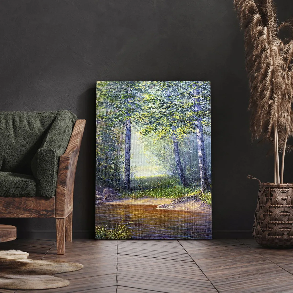 Bild auf Leinwand - Leinwandbild - Ein Waldbach, umgeben von Birken und Sonnenschein - 50x70cm - Idyllische Landschaft - Moderne Wanddekoration für Wohnzimmer und Schlafzimmer ARTTOR