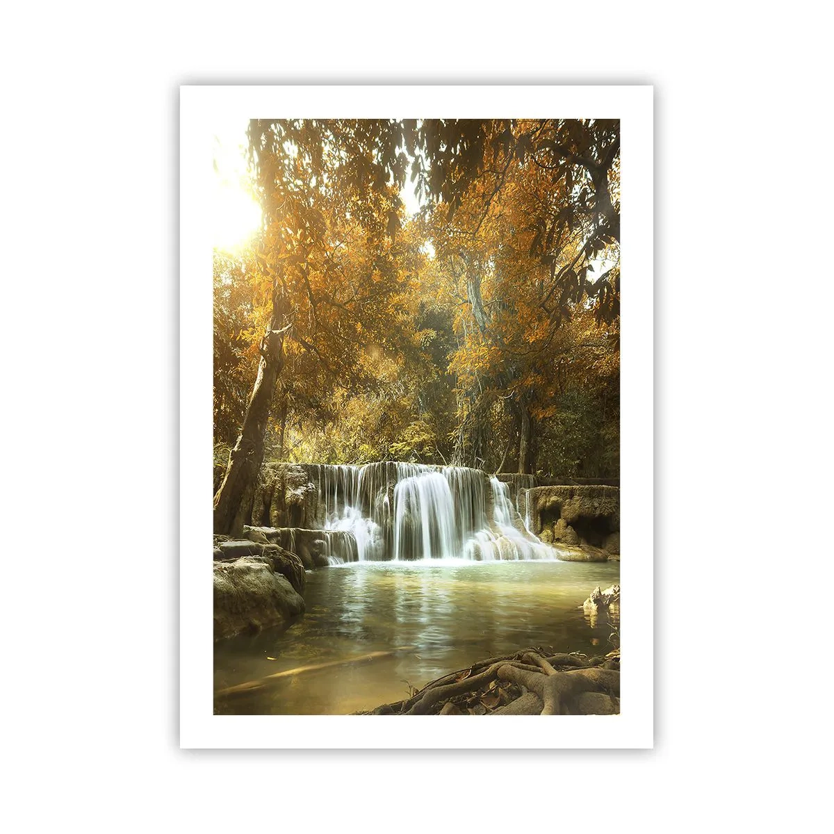 Poster - Herbstlicher Wasserfall im Sonnenlicht - 50x70cm - Parkkaskade - Moderne Wanddekoration für Wohnzimmer und Schlafzimmer ARTTOR